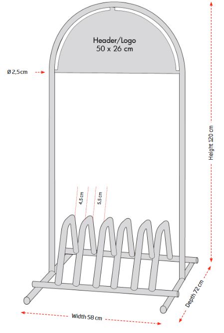 Abmessungen des Fahrradständers Expo Gotik mit Logofeld und Fahrradhalterung