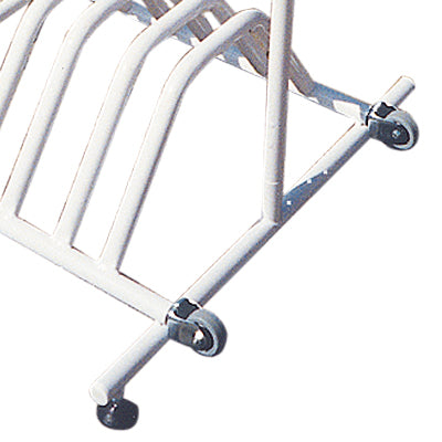 Detailansicht der Rollen und Standfüße des mobilen Fahrradständers Expo Gotik in Weiß