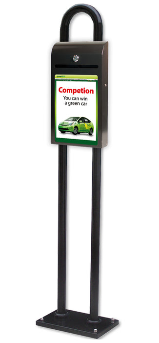 Feedbackbox A4 aus Stahl mit Schloss und A4-Sichtfenster – Briefkasten, ideal für Beschwerden, Gewinnspiele und Umfragen, montiert an einem Ständer