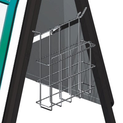 Kundenstopper mit Klapprahmen und Drahtkorb zum einhängen für Flyer und Prospekte