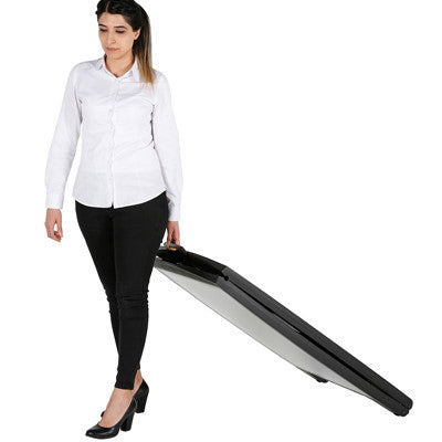 Mobiler schwarzer Kundenstopper A1 aus Kunststoff mit Rollen und Tragegriff