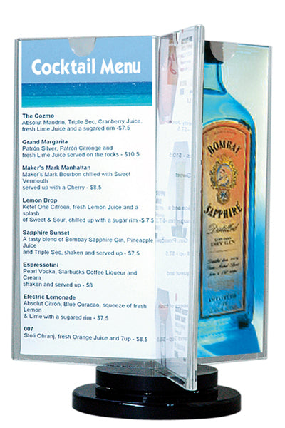 Drehbarer Menühalter Spin aus Acryl mit schwarzem Fuß für Gastronomie