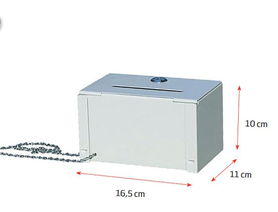 Spenden- & Tip-Box aus Stahl – Weiß -Abmessungen, abschließbar, blickdicht mit Diebstahlsicherung
