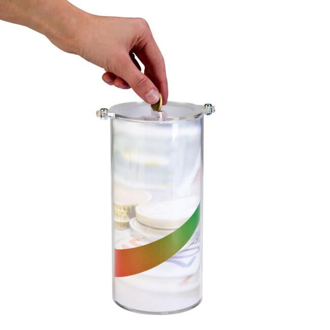 Spendenbox Zylinder Acryl mit Infoblatt – Spendenbox für Charity & Vereine
