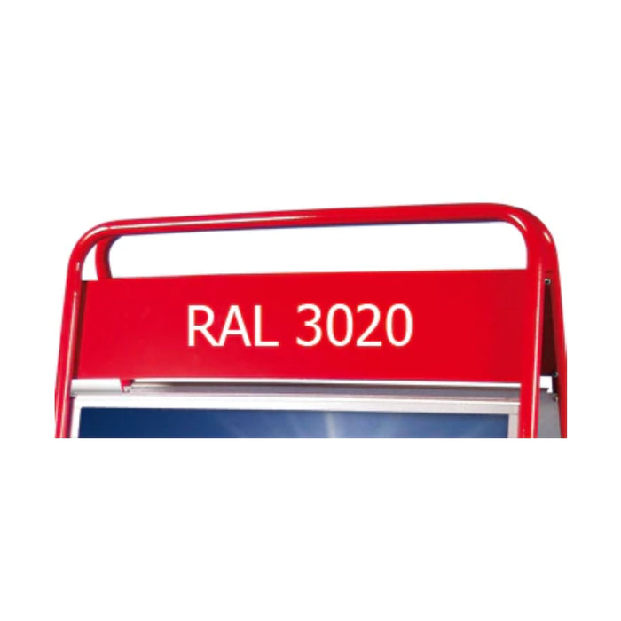 Wetterfester Aufsteller für outdoor mit Logoplatte und entspiegelter Schutzfolie in der Farbe Rot, RAL 3020