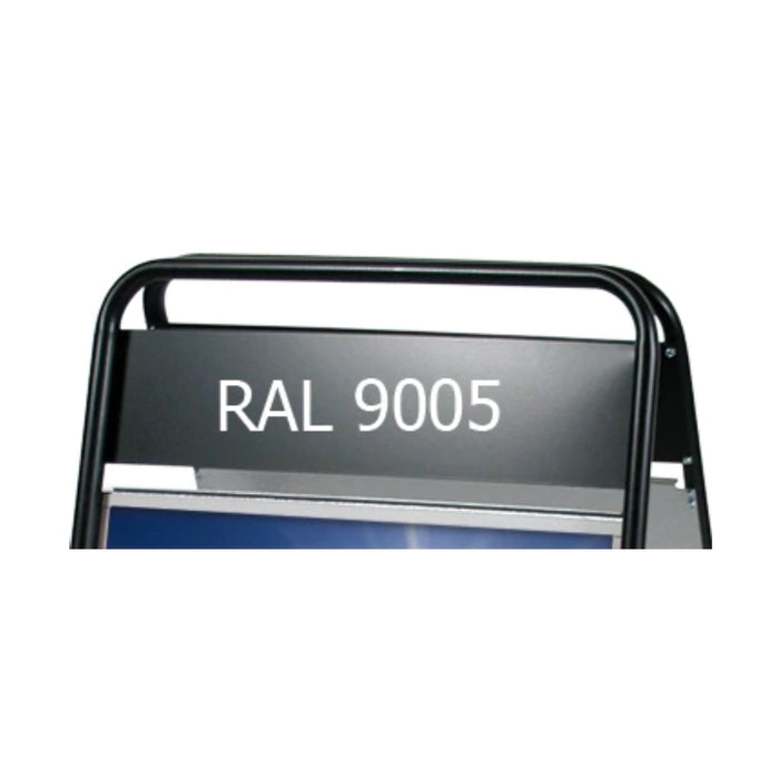 Wetterfester Aufsteller für outdoor mit Logoplatte und entspiegelter Schutzfolie in der Farbe schwarz, RAL 9005