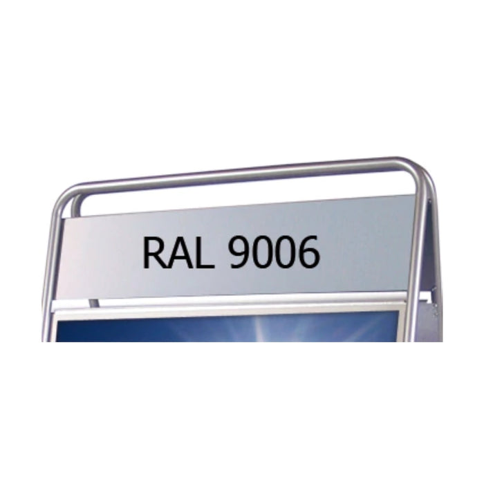 Wetterfester Aufsteller für outdoor mit Logoplatte und entspiegelter Schutzfolie in der Farbe Silber, RAL 9006