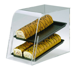 Transparente Acrylvitrine mit Tabletts für Brötchen und Snacks