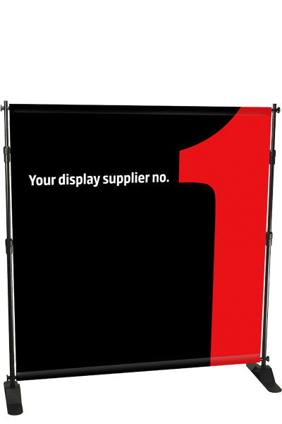 Doppelseitige Teleskop Bannerwand mit verstellbarem Rahmen und schwarzem Gestell