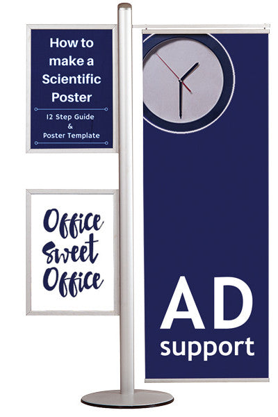 Professioneller Displayständer mit zwei Slide-In Plakatrahmen und Bannerschiene für Werbung und Informationen.
