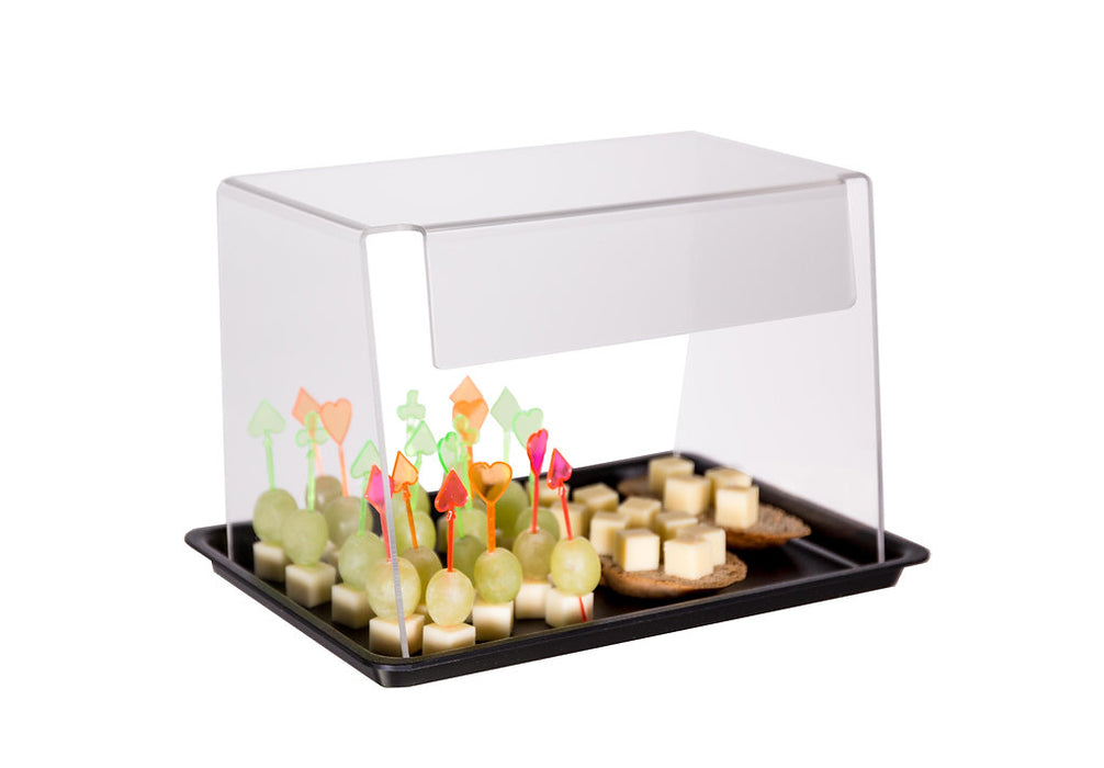 Offenes Food-Display aus Acryl mit schwarzem Tablett für Brötchen, Häppchen und Gebäck