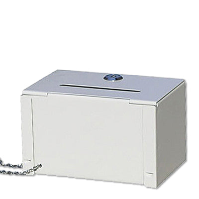 Abschließbare Geldsammelbox aus weißem Stahl für Spenden und Trinkgeld in Gastronomie und Vereinen