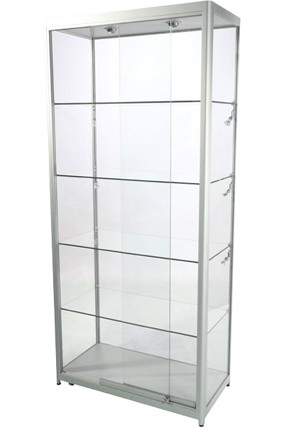 Glasvitrine Duo Tower ohne Schrank in Silber mit 4 Glasablagen, Ansicht von schräg vorn