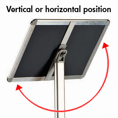 Infoständer mit drehbarem Klapprahmen für Hochformat und Querformat Nutzung