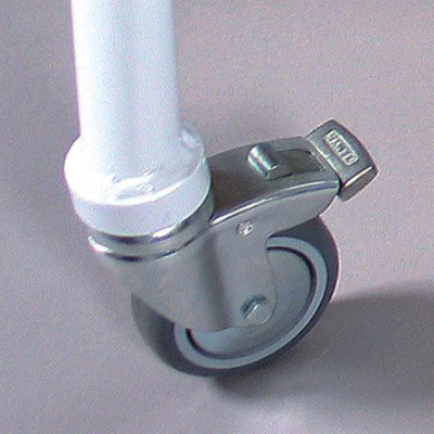 Detail der Lenkrrolle mit Bremse am Ellipse Lux A1 Strassenstaender für leichtes Positionieren