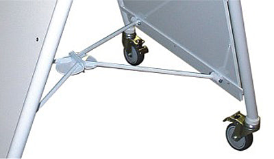 Unterseite des Ellipse Lux Kundenstoppers: stabile Verstrebung und Rollen für sicheren Stand