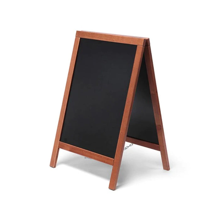 Kundenstopper aus Holz in hellbrauner Teak-Optik mit schwarzer Kreidetafel für Innen und Außenbereich