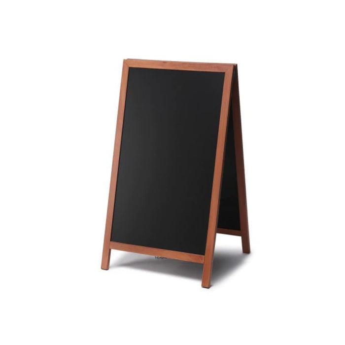Premium Kundenstopper aus Holz in Teakoptik mit schwarzer Kreidetafel 68 × 120 cm für Gastronomie