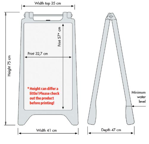 Technische Maße des Vacu Kundenstoppers 41 x 75 x 47 cm mit Druckfläche 32,5 x 56,5 cm