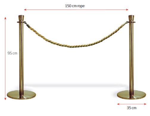 Maße des goldfarbenen Leitsystems mit 95 cm Höhe, 35 cm Fußdurchmesser und 150 cm Kordelseil