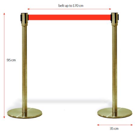 Goldfarbenes Personenleitsystem mit 95 cm Höhe, 35 cm Standfuß und 170 cm Gurtband