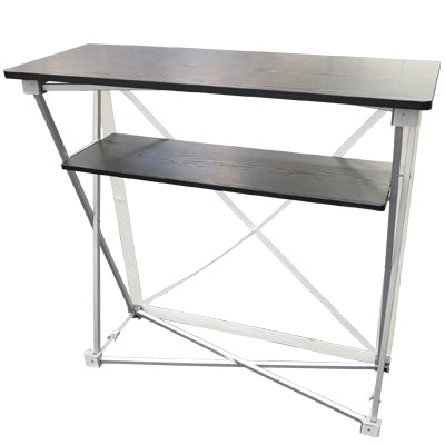 promotiontheke mit textilbanner und schwarzer ablage