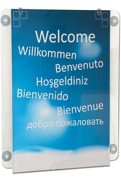 Doppelseitiger Posterrahmen mit Saugnäpfen für Glastüren und Schaufenster aus klarem Acryl