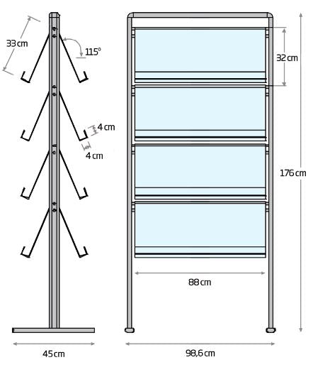 Doppelseitiger Prospekthalter aus Aluminium mit 32 Fächern DIN A4