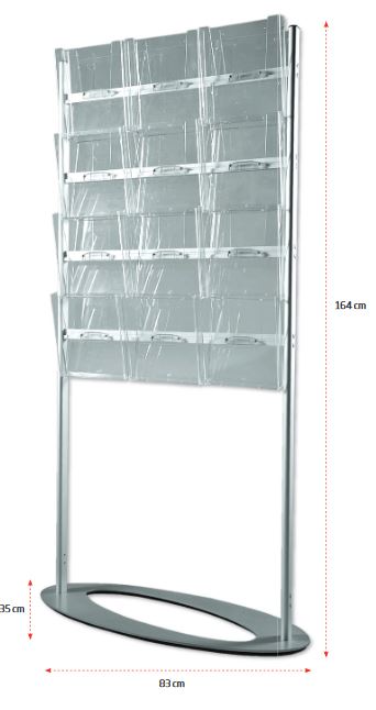 Standsicherer Prospekthalter Ellipse mit schwerem Fuß und 19 kg Gewicht.