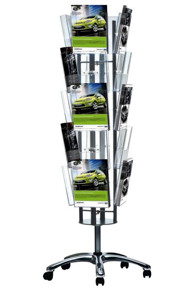 Mobiler Prospektständer Karussell mit 20xA4 Acrylfächern – drehbar & fahrbar für Messen und Empfangsbereiche.