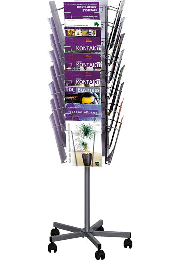 Mobiler Prospektständer mit 32x A4 Drahtfächern, drehbar und rollbar.