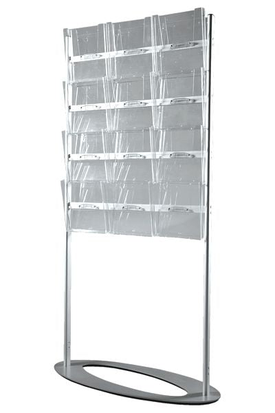 Prospektständer Multiside Ellipse mit 12x A4 Acrylfächern aus Aluminium für Messen und Lobbys.