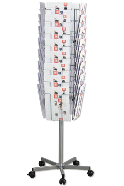 Drehbarer Prospektaufsteller mit 32 A4 Prospekthaltern für Messe & Büro.