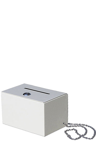Weiße Spenden- & Tip-Box aus Stahl mit Schloss und Kette zur Diebstahlsicherung
