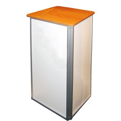 Viereckige Square Counter Messetheke mit Holzplatte in Frontansicht ohne Werbefolie