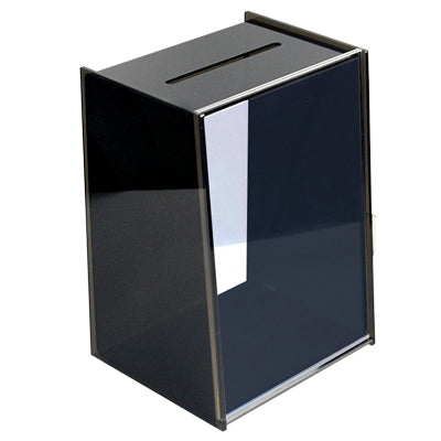 Schwarze Tip- & Spendenbox aus Acryl mit A4-Display und Kartenhalter – ideal als Feedbackbox oder Spendenbox