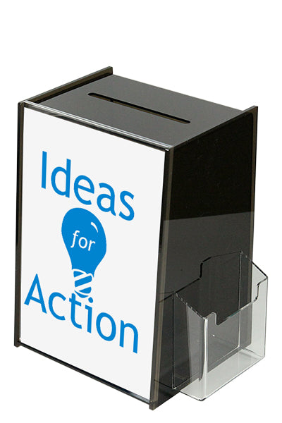 Schwarze Tip- & Spendenbox aus Acryl mit A4-Display und Kartenhalter – vielseitig nutzbar als Spendenbox, Wahlurne oder Promotionbox