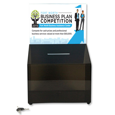 Schwarze Tip- & Spendenbox aus Acryl mit Infohalter – abschließbar, vielseitig als Spendenbox, Wahlurne oder Losbox einsetzbar, in den Größen A$, A5, A6