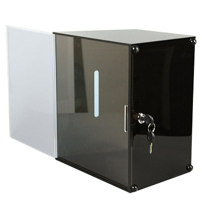 Schwarze Tip- & Spendenbox aus Acryl mit Infohalter – abschließbar, vielseitig als Spendenbox, Wahlurne oder Losbox einsetzbar mit Schlüssel