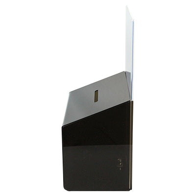 Schwarze Tip- & Spendenbox aus Acryl mit Infohalter – abschließbar mit großem Einwurfschlitz