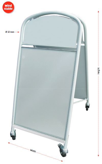 Weißer A1 Kundenstopper Ellipse Lux mit Maßangaben, windstabiler Rahmen und Rollen