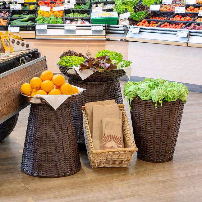 Verkaufskorb in Holzoptik für Obst, Gemüse und Snacks in Bio-Märkten, Supermärkten oder Hofladen