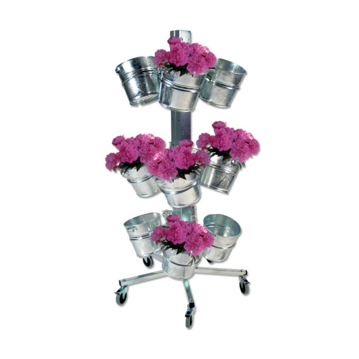 Verkaufsständer mit 12 Zinkeimern für Blumenarrangements auf Rollen