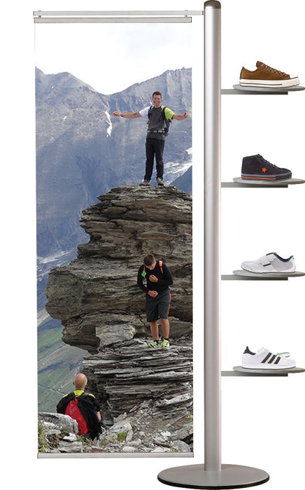 Verkaufsständer mit Bannerschiene und 4 Rundregalen für Produkte