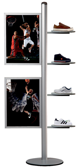 Verkaufsständer mit Rundregalen und Posterrahmen für Modegeschäfte