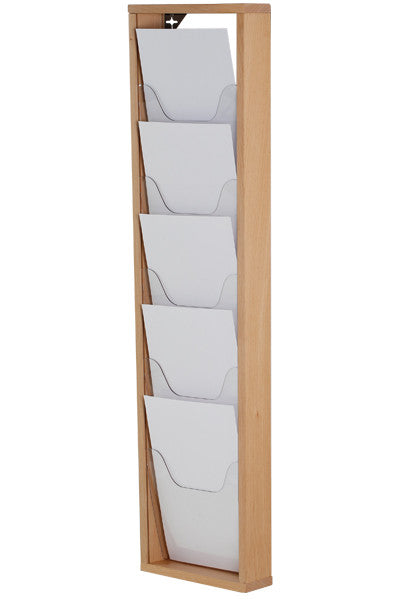 Wandprospekthalter aus Buchenholz für 5xA4, ideal für Broschüren, Magazine und Mitarbeiterablage im Büro