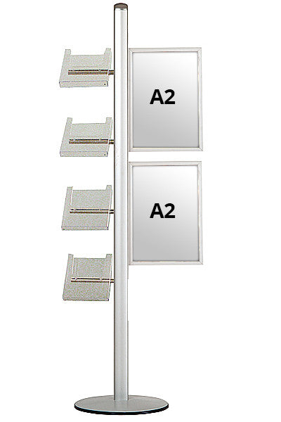 Werbeständer mit zwei DIN A2 Slide-In Plakatrahmen und vier DIN A4 Prospekthaltern aus Polycarbonat