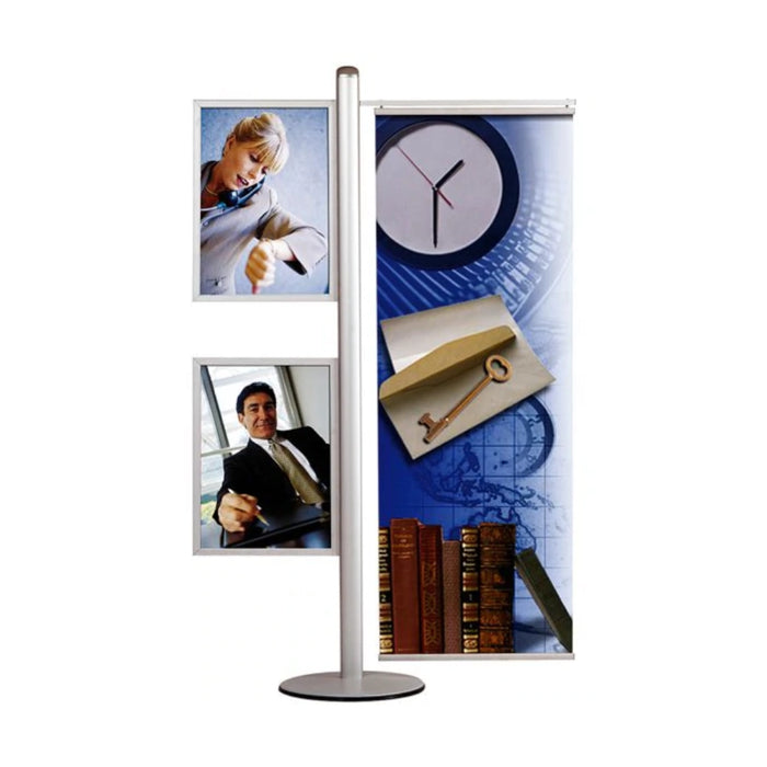 Doppelseitiger Werbeständer mit Bannerschiene und zwei Plakatrahmen für Produkt- und Markenpräsentationen.