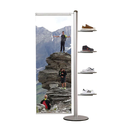 Werbeständer aus Aluminium mit Bannerschiene und vier Rundregalen für Produktpräsentationen im Einzelhandel, auf Messen und im Showroom